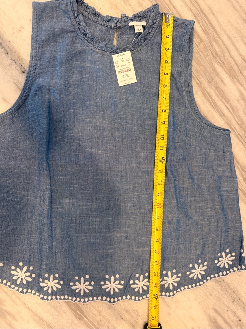 J. Crew Sleeveless Chambray Top with White Floral Embroidery and Ruffle Neck - Picture 7 of 7